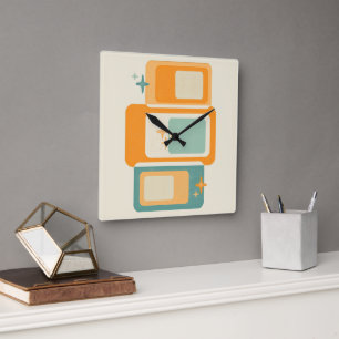 Retro Mid Century Geometric Abstract Teal Orange Square Wall Clock