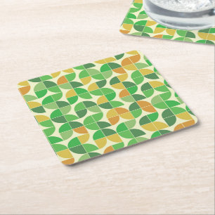 Retro Mid Century Geometric Floral Green Square Paper Coaster