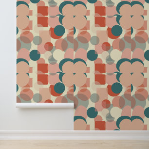Retro Mid-Century Geometric Pattern in Coral, Teal Wallpaper