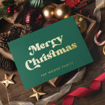 Retro Mid Century Green Merry Christmas<br><div class="desc">Merry Christmas card: a classic retro design,  with a mid century modern typography in gold foil and a classic green background.</div>