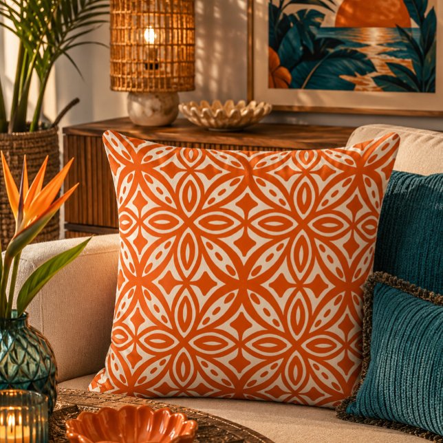 Retro Mid Century Hawaiian Tapa Pattern Orange Cushion (Creator Uploaded)