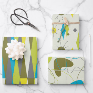 Retro Mid Century Mod Atomic Space Age Blue Green Wrapping Paper Sheet