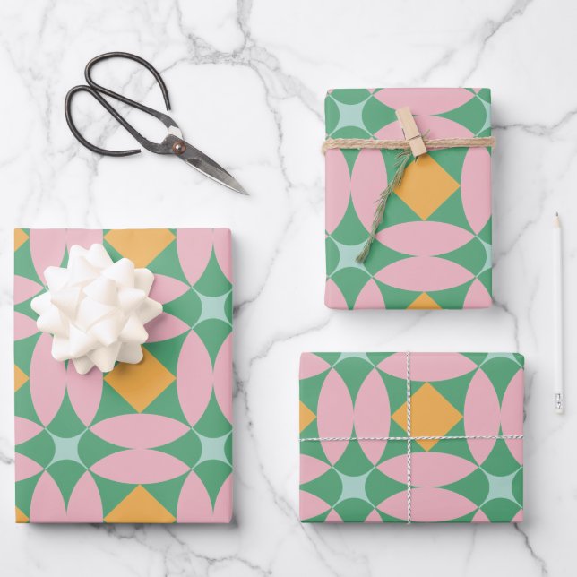 Retro Mid Century Mod Shapes Pattern | Pink Green  Wrapping Paper Sheet (Front)