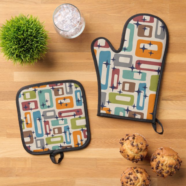Retro Mid Century Modern Abstract Pattern Oven Mitt & Pot Holder Set (Top Down)