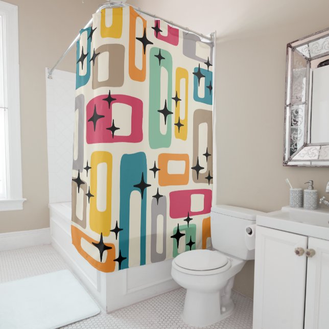 Retro Mid Century Modern Abstract Pattern Shower Curtain (In Situ)