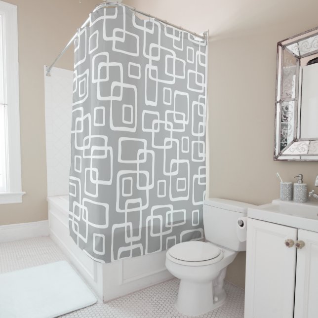 Retro Mid Century Modern Abstract Pattern Shower Curtain (In Situ)