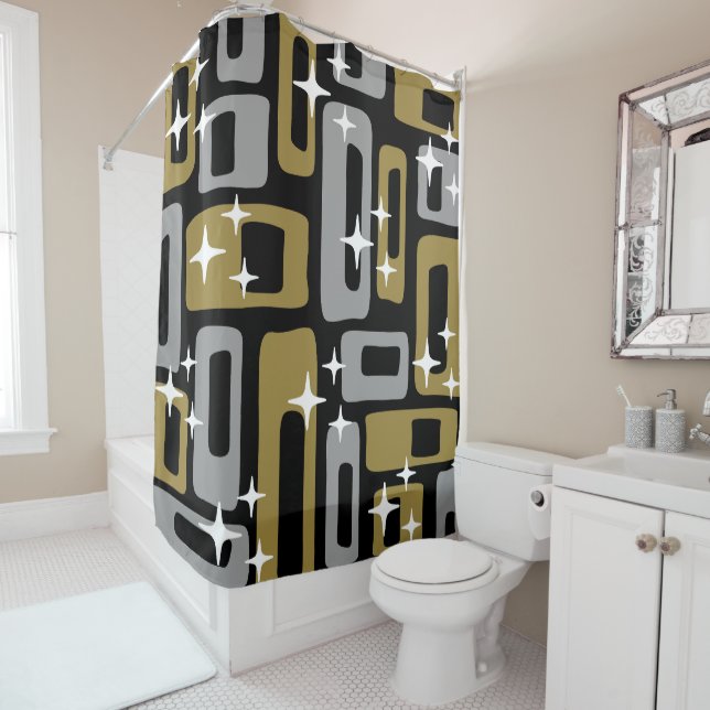 Retro Mid Century Modern Abstract Shower Curtain (In Situ)