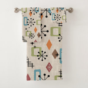 Retro Mid Century Modern Atomic Abstract Pattern Bath Towel Set