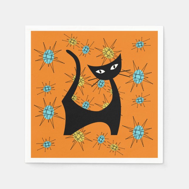 Retro Mid-Century Modern Atomic Cat Napkin (Front)