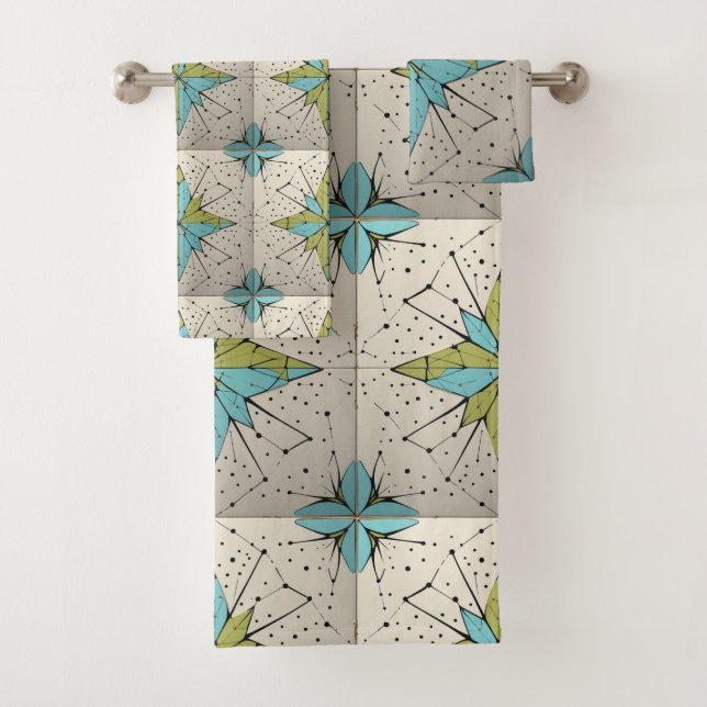 Retro Mid Century Modern Atomic Geometric Pattern Bath Towel Set (Insitu)