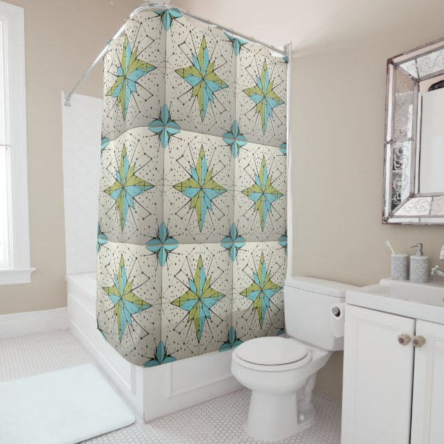 Retro Mid Century Modern Atomic Geometric Pattern Shower Curtain (In Situ)