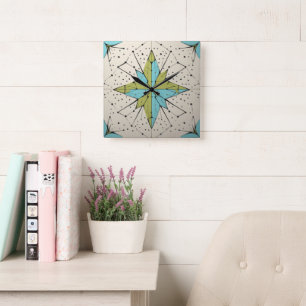 Retro Mid Century Modern Atomic Geometric Pattern Square Wall Clock