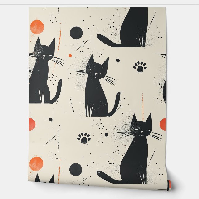 Retro Mid Century Modern Black Cat Removable Wallpaper (Unrolling)