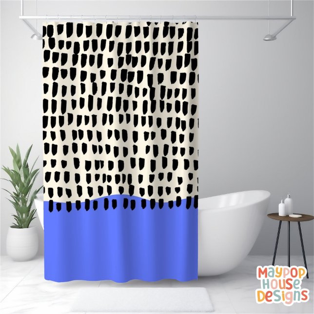 Retro Mid Century Modern Blue Black Abstract Shower Curtain (mid century modern shower curtain bathroom decor)