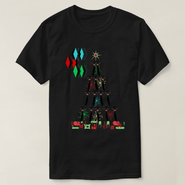 Retro Mid Century Modern Cool Cat Christmas Tree  T-Shirt (Design Front)