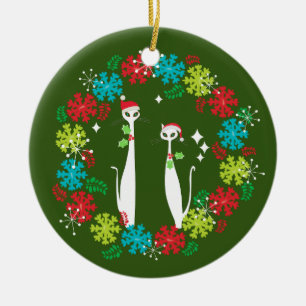 Retro Mid Century Modern Cool Cat Christmas Wreath Ceramic Tree Decoration