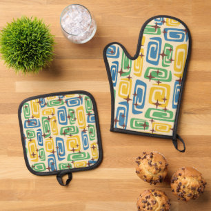 Retro Mid Century Modern Cosmic Abstract Pattern Oven Mitt & Pot Holder Set