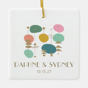 Retro Mid Century Modern Custom Wedding Photo Ceramic Ornament