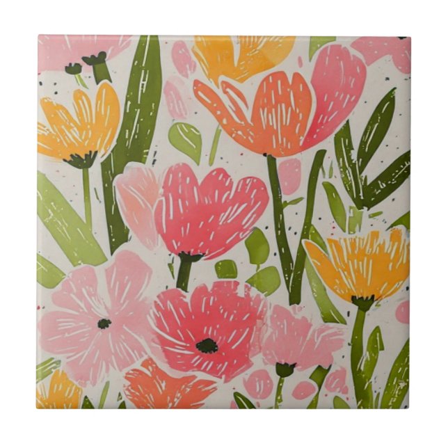 Retro Mid Century Modern Floral Design Tile (Front)