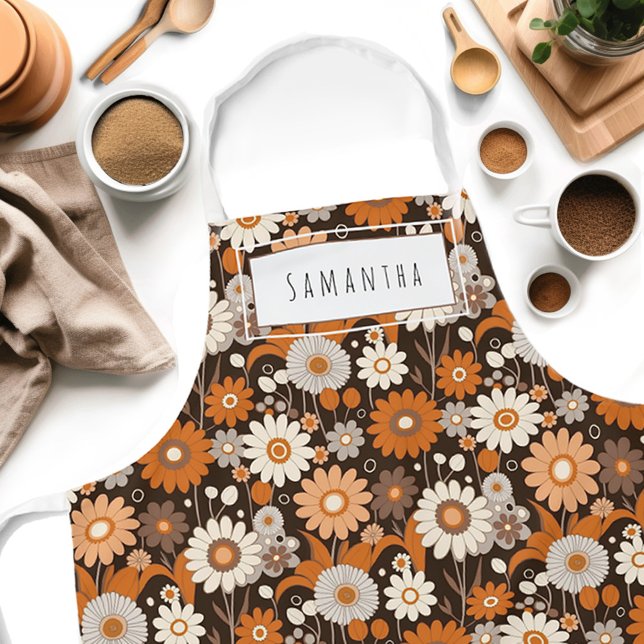 Retro Mid-Century Modern Floral Name Apron (Get creative in the kitchen with our personalized Floral Boho Mid Century Modern apron! )