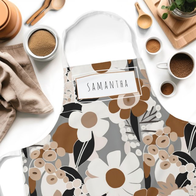 Retro Mid-Century Modern Floral Name Apron (Get creative in the kitchen with our personalized Floral Boho Mid Century Modern apron! )