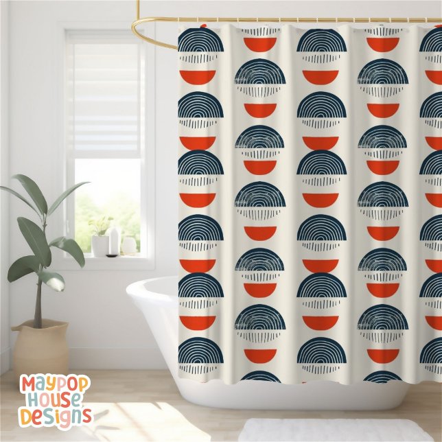 Retro Mid Century Modern Navy Red Abstract Shower Curtain (mid century modern shower curtain bathroom decor)