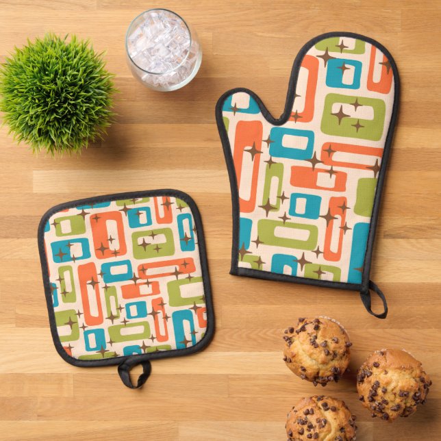 Retro Mid Century Modern Oven Mitt & Pot Holder Set (Top Down)