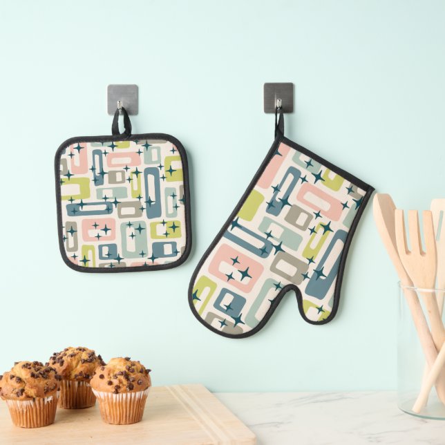 Retro Mid Century Modern Oven Mitt & Pot Holder Set (Insitu(Hanging))