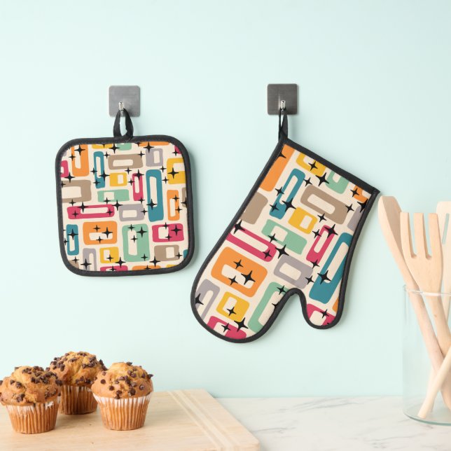 Retro Mid Century Modern Oven Mitt & Pot Holder Set (Insitu(Hanging))