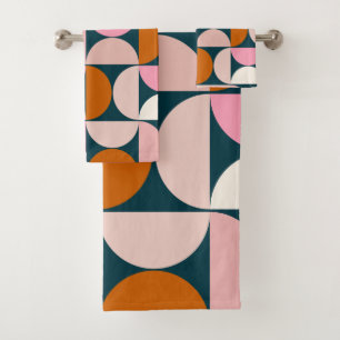 Retro Mid Century Modern Pattern Blue Blush Pink Bath Towel Set