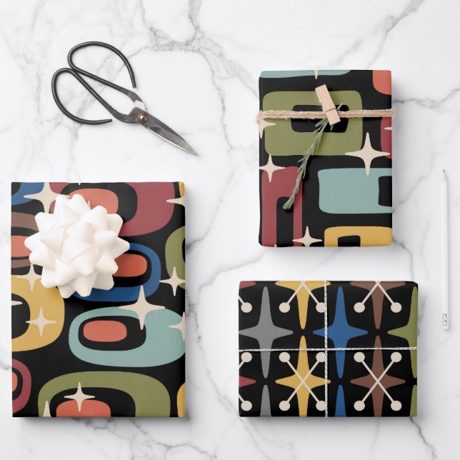 Retro Mid Century Modern Starburst patterns Wrapping Paper Sheet (Front)