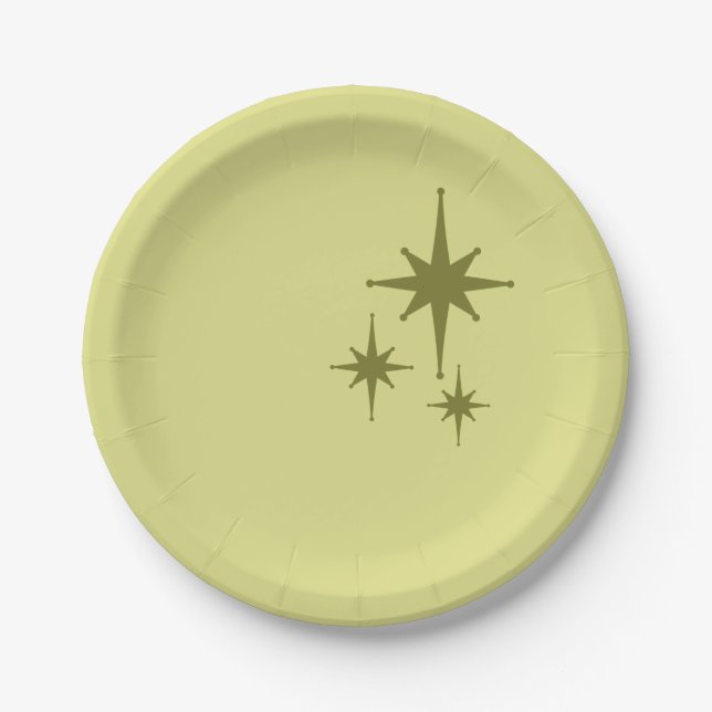 Retro Mid-century Modern Starburst Trio Olive Paper Plate (Front)