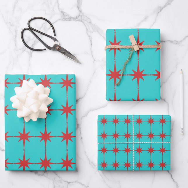 Retro Mid-century Modern Starbursts Pattern  Wrapping Paper Sheet (Front)
