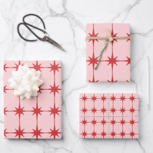 Retro Mid-century Modern Starbursts Red and Pink Wrapping Paper Sheet