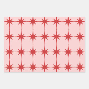 Retro Mid-century Modern Starbursts Red and Pink Wrapping Paper Sheet