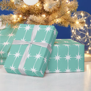 Retro Mid-century Modern Stars Turquoise Blue Wrapping Paper
