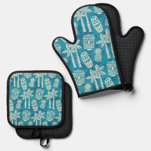 Retro Mid Century Modern Tiki Pattern Oven Mitt & Pot Holder Set