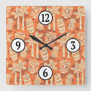Retro Mid Century Modern Tiki Pattern Square Wall Clock