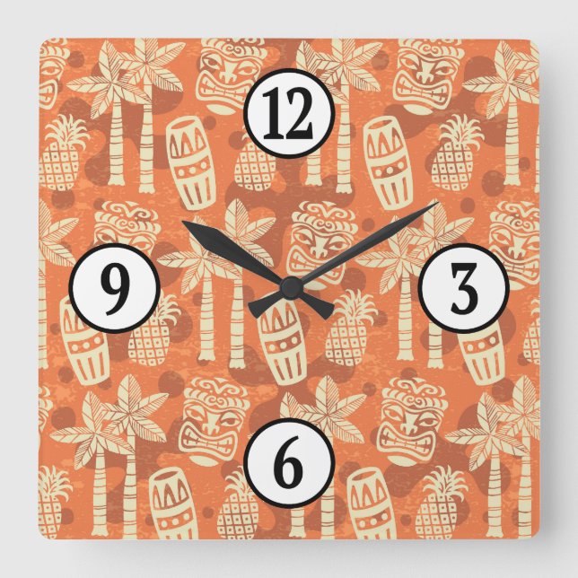 Retro Mid Century Modern Tiki Pattern Square Wall Clock (Front)