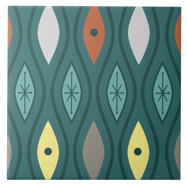 Retro Mid Century Modern Wavy Lines Teal Tile (Front)