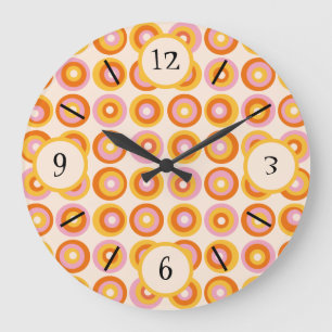 Retro Mid Century Orange Circles Pattern Large Clock