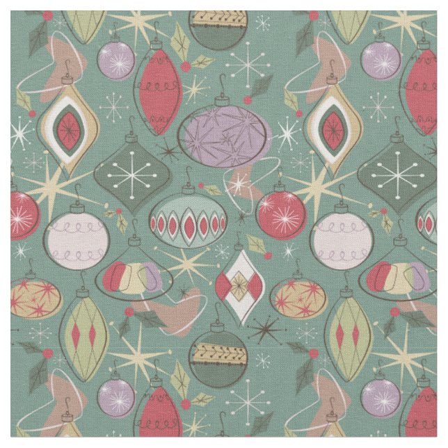 Retro Mid Century Ornament Fabric, Green Fabric (Close Up)
