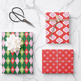 Retro Mid Century Red, Pink & Green Christmas Wrapping Paper Sheet