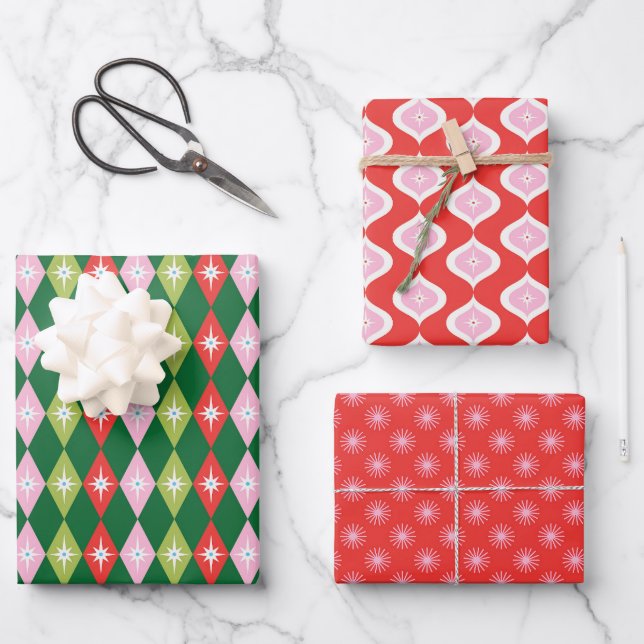 Retro Mid Century Red, Pink & Green Christmas Wrapping Paper Sheet (Front)