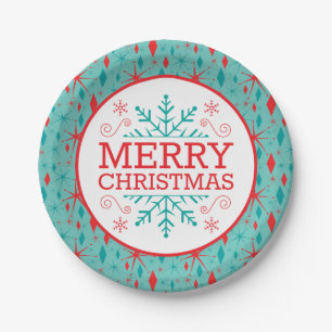Retro Mid Century Starburst and Diamonds Christmas Paper Plate