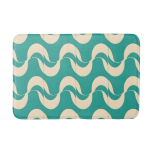 Retro Mid Century Wavy Pattern Teal and Cream Bath Mat