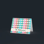 Retro Mid Mod Atomic Pattern Colourful Personalise Holiday Card<br><div class="desc">Retro vintage style mid century modern atomic pattern in green,  red,  and pink,  personalised with your name.</div>