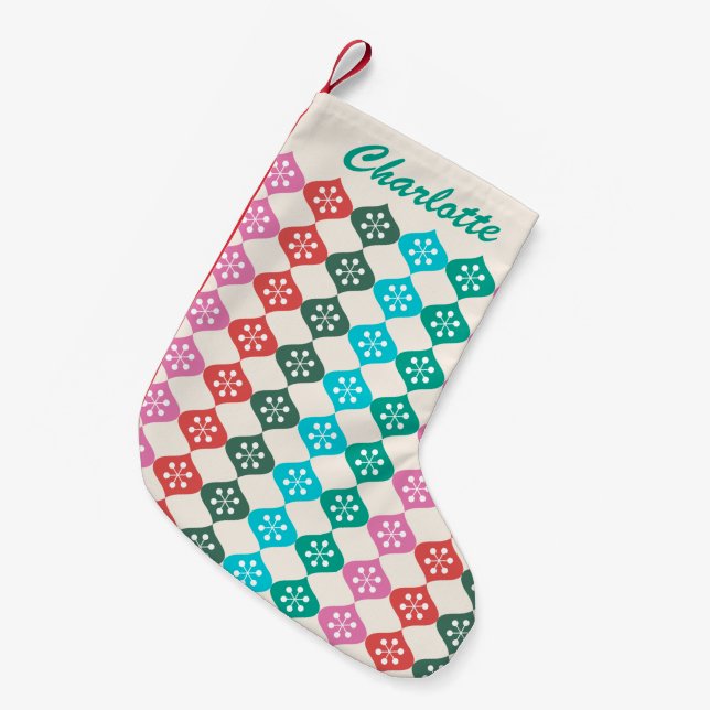 Retro Mid Mod Atomic Pattern Colourful Personalise Small Christmas Stocking (Front (Hanging))