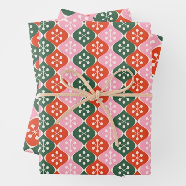 Retro Mid Mod Atomic Pattern Pink Green Christmas Wrapping Paper Sheet (In situ)