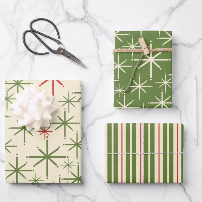Retro Mid Mod Christmas Patterns Olive Red Cream Wrapping Paper Sheet (Front)